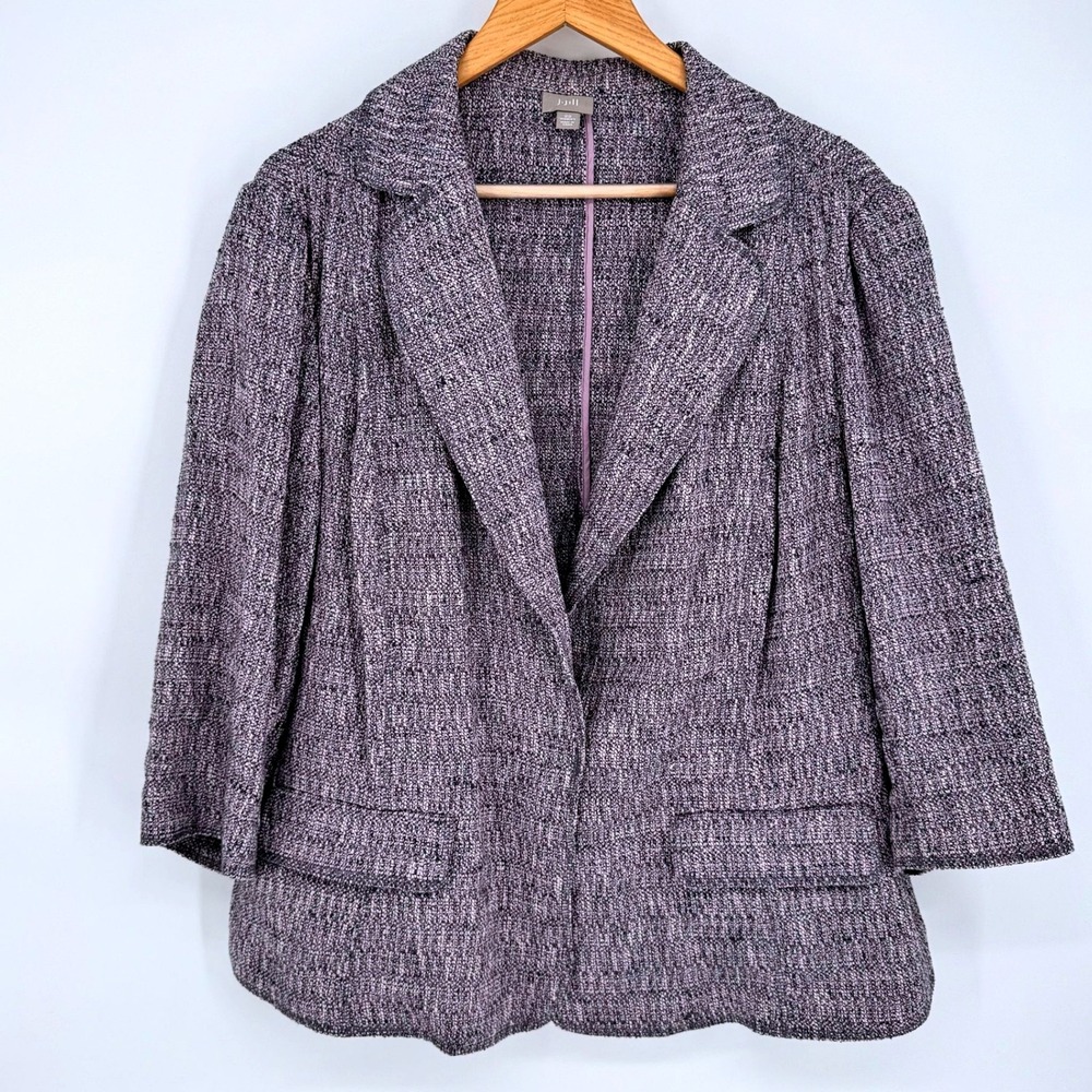 J. Jill Tweed Purple Snap Front 3/4 Sleeve Pockets Jacket Blazer Sz 22 Cottage